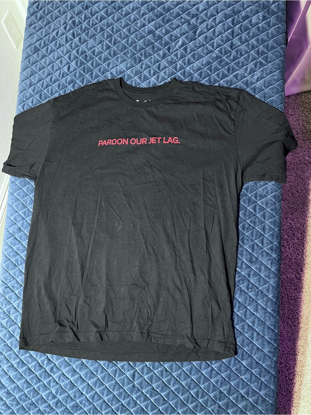 Golden Goose Black Tee with Red 'PARDON OUR JET LAG.' Text - Casual Men’s 2XL